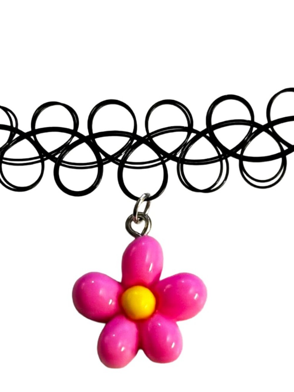 black tattoo choker with pink and yellow flower charm